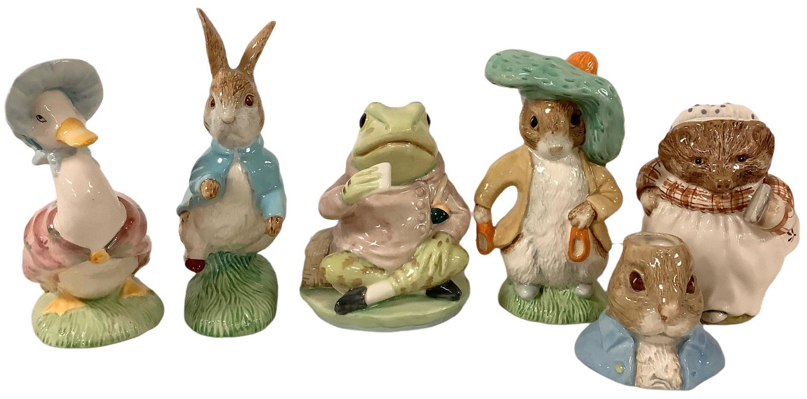 Lot of (6) Beatrix Potter Peter Rabbit figurines including (2) Beswick: Jemima Puddle-duck 6.5" & (1 of 2)