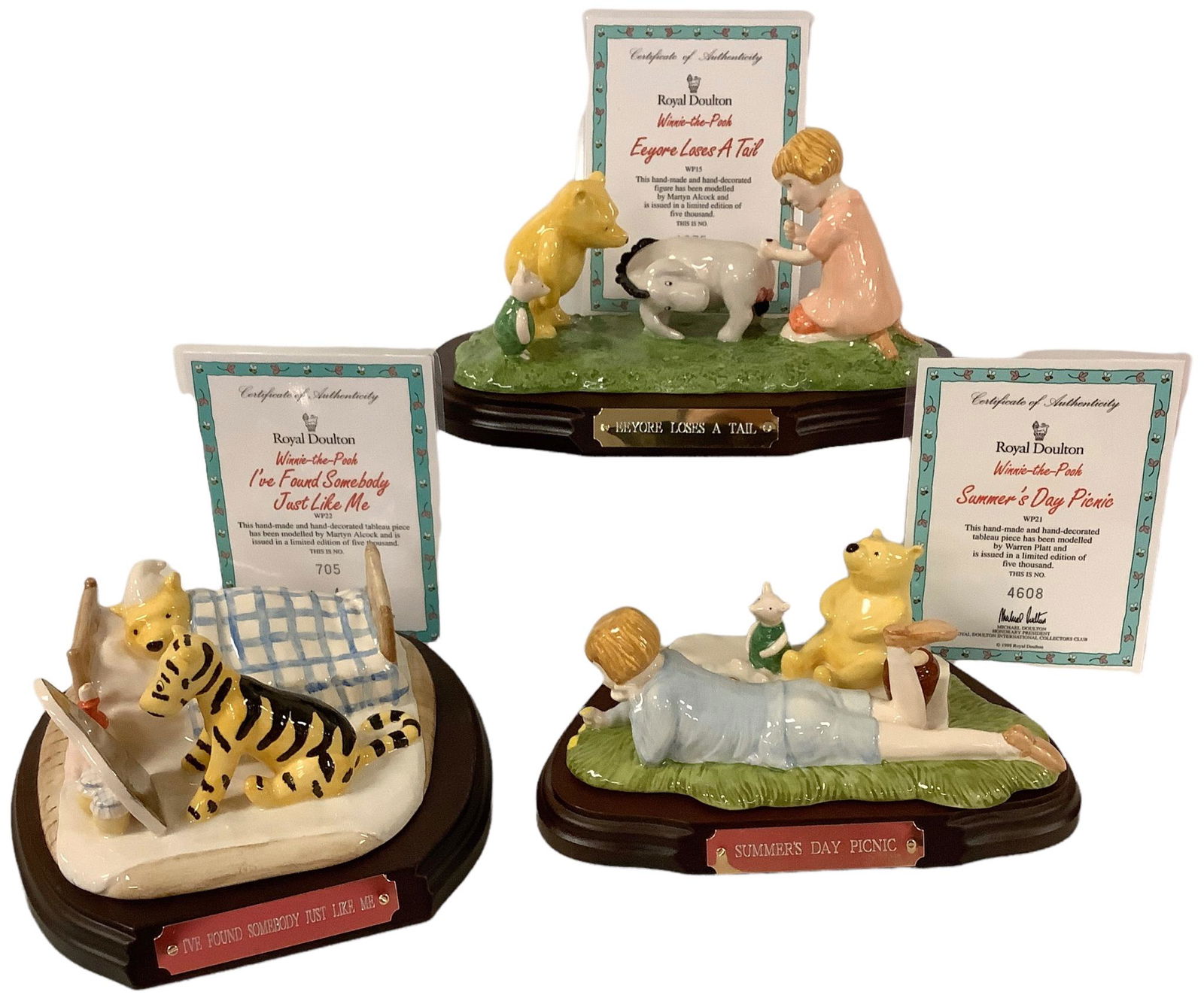 Lot of (3) Royal Doulton Winnie the Pooh figurines w/ wooden bases & COA for all including Summer's: Lot of (3) Royal Doulton Winnie the Pooh figurines w/ wooden bases & COA for all including Summer's day picnic #4608/5000 3" tall x 7" long, Eeyore loses a tail #1675/5000 3.75" tall x 8.5" & I've fou