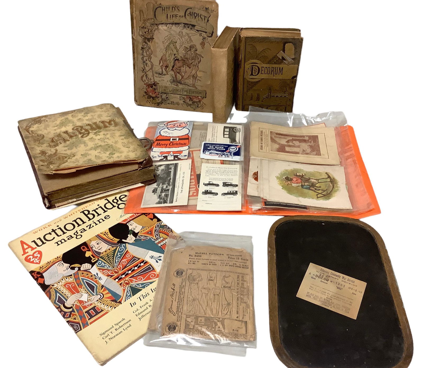 Assorted lot of antique books, photo album, greeting and postcards, framed slate, and more., - (1 of 7)