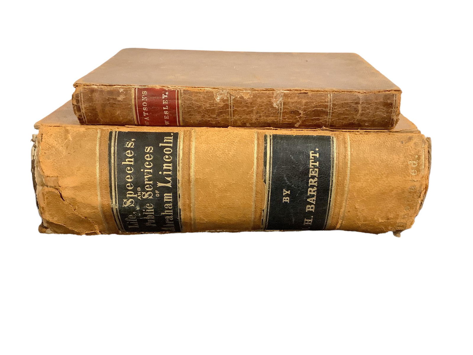 Lot of 2 antique leather books including Watson's Wesley, The Life of Rev. John Wesley, A.M.,1841,: Lot of 2 antique leather books including Watson's Wesley, The Life of Rev. John Wesley, A.M.,1841, by Richard Watson, and Life, Speeches and Public Services of Abraham Lincoln, 1865, by J.H.Barrett.