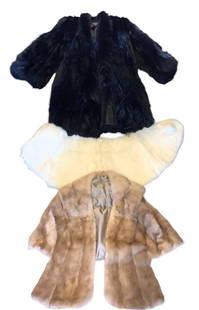 3 natural fur garments - mink stole - no label; black fur coat and white fur wrap from Green Bay: 3 natural fur garments - mink stole - no label; black fur coat and white fur wrap from Green Bay Furriers Newark OH.