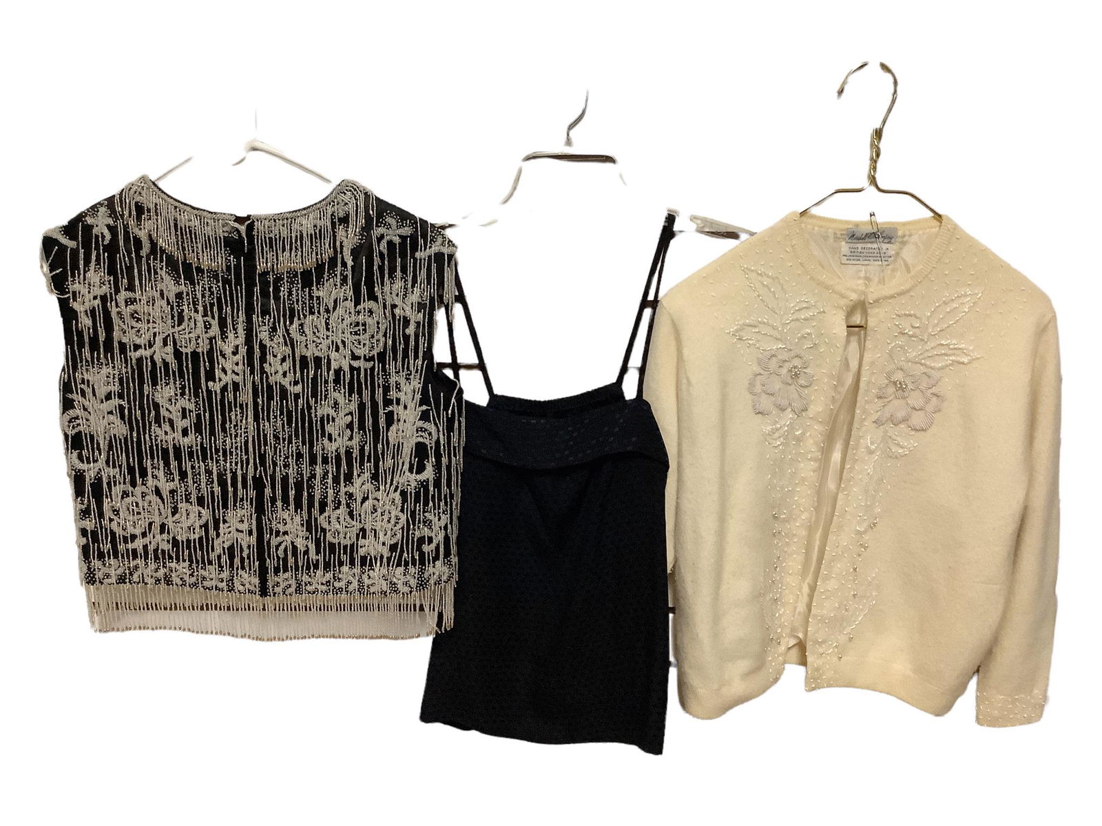 Lot of 3 pieces of vintage lady's tops. Cream colored, hand beaded lambs wool and angora cardigan (1 of 3)