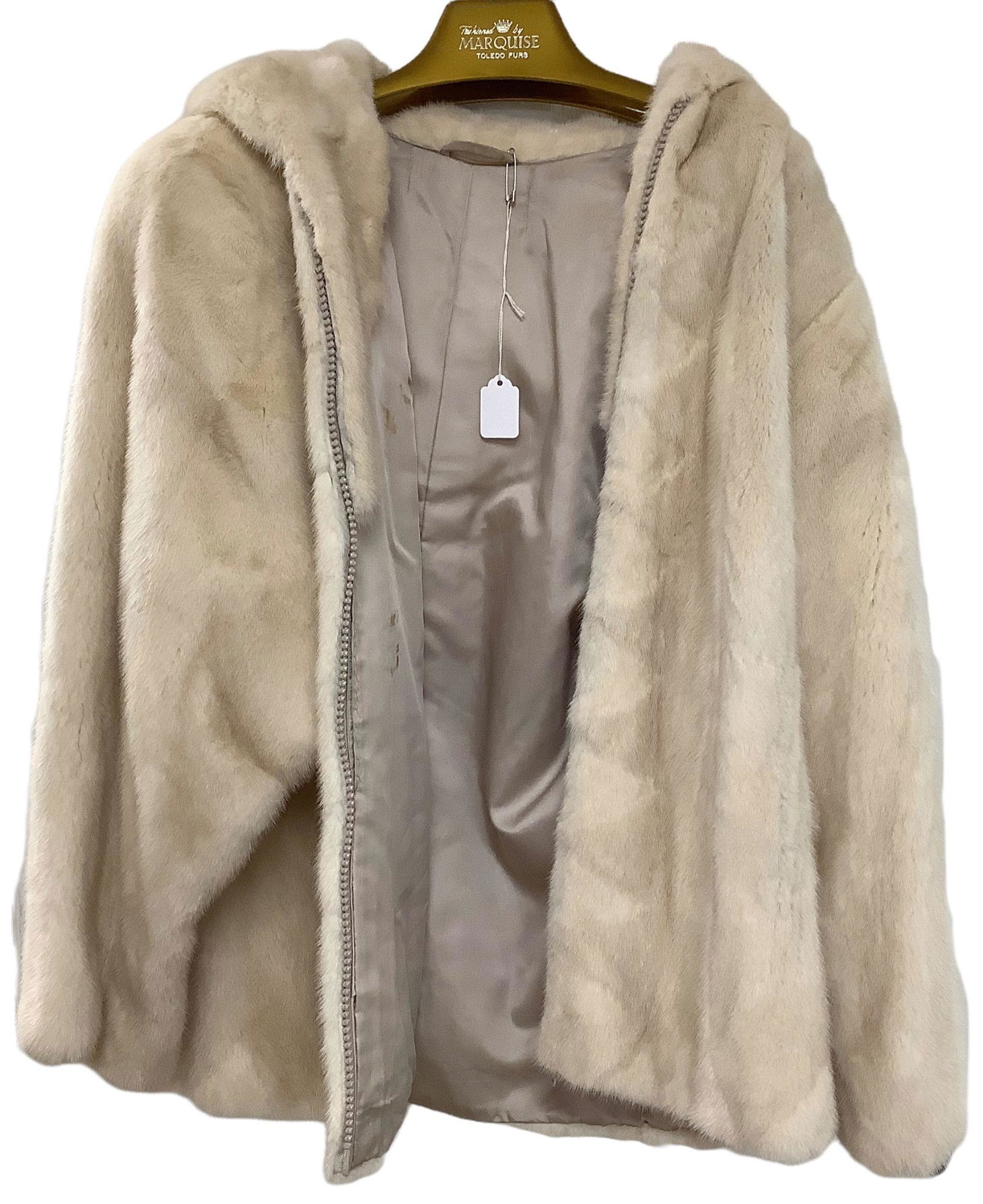Hooded fur coat. No name. Possibly size M. Stain on inside of jacket on lining. Fur is in really (1 of 2)