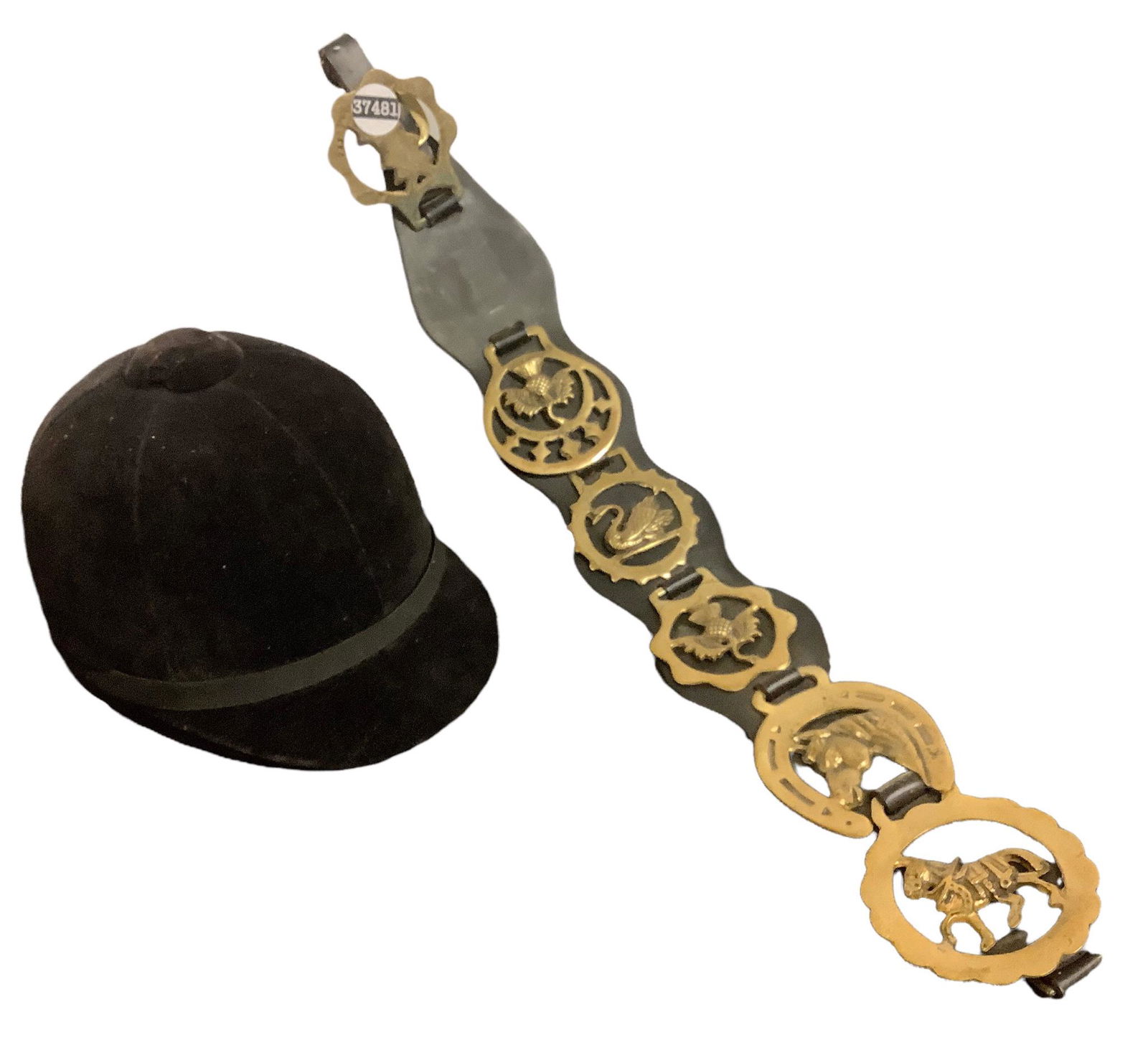 Lot of equestrian items including a ladies velvet & leather riding helmet listed as size 7 1/8"/58 (1 of 3)