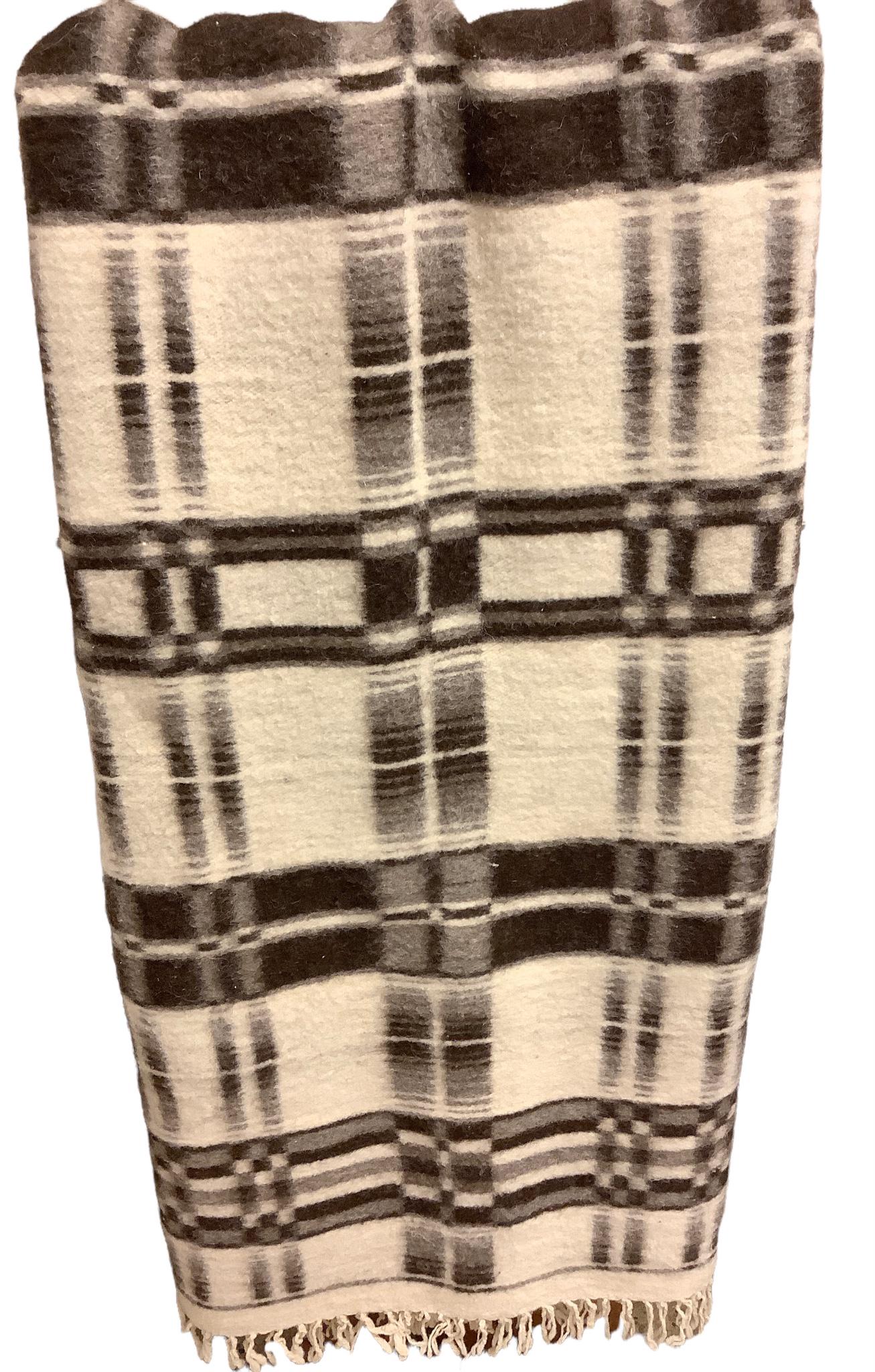Thick cream and black fringed wool blanket, approx 59" wide & 88" long. (1 of 2)