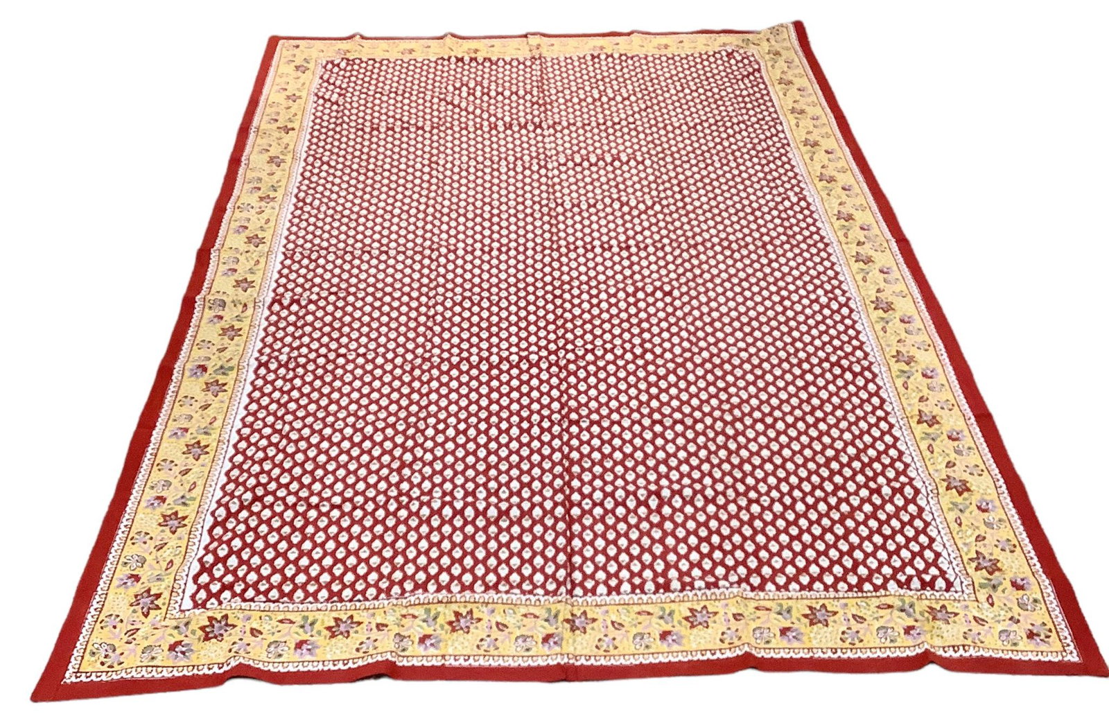 hand blocked bed cover by Petal Pushing. This is very thin more like a top sheet. 70"x110": hand blocked bed cover by Petal Pushing. This is very thin more like a top sheet. 70"x110"