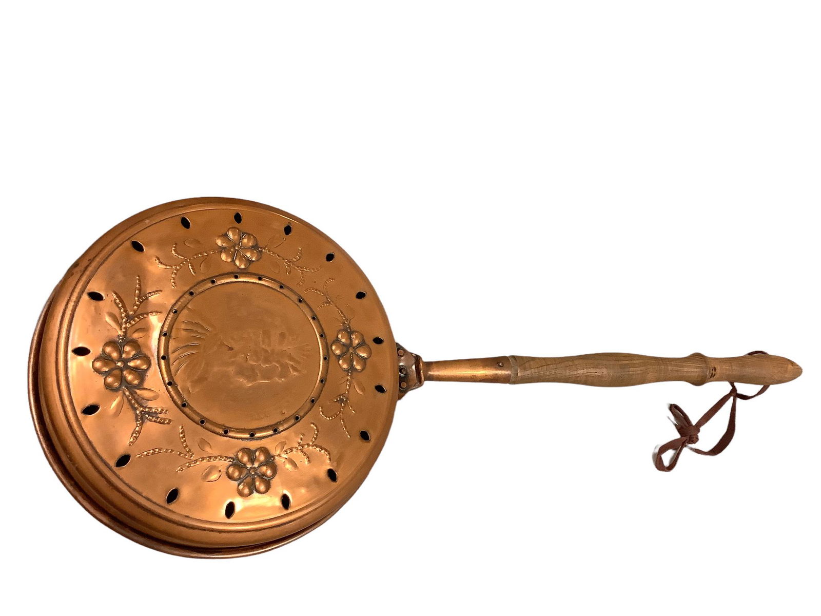 Copper bed warmer with a raised floral design and a ladies bust in the center with Marie Antoinette (1 of 4)