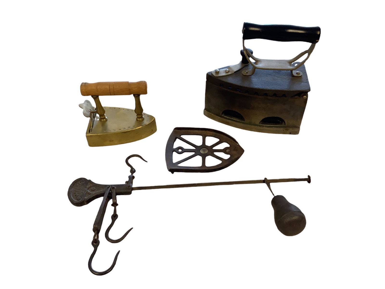 Lot including 2 vintage coal irons, one is brass with wooden handle, 4.75”h x 5.5”w, (1 of 1)