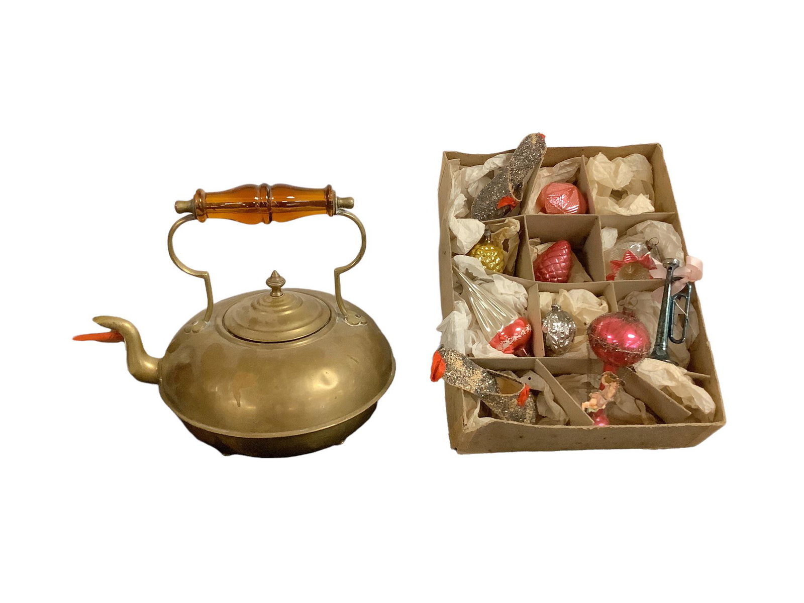 Lot including a JCB brass footed teapot with amber glass handle and 10 vintage Christmas ornaments.: Lot including a JCB brass footed teapot with amber glass handle and 10 vintage Christmas ornaments.