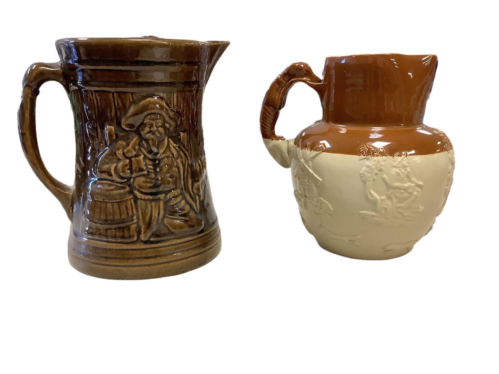 2 tone glazed stoneware hunting jug 8”” tall and McCoy pirate buccaneer pitcher 8” (1 of 1)