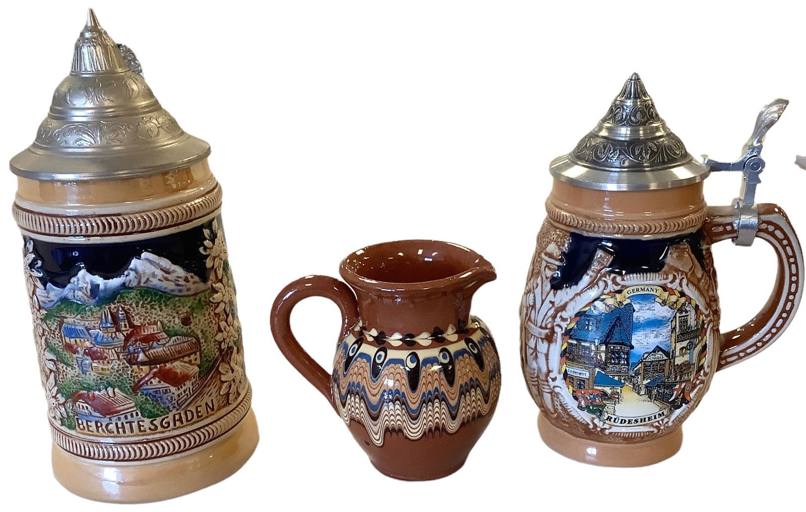 Lot of (3) including hand painted pottery pitcher 4”, Gerz Germany stein 6.5” & King (1 of 3)