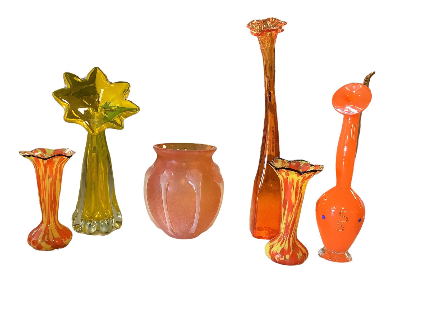 6 Art glass vases including 2 Murano glass flower shaped vases measuring 14.5” and 11” (1 of 1)