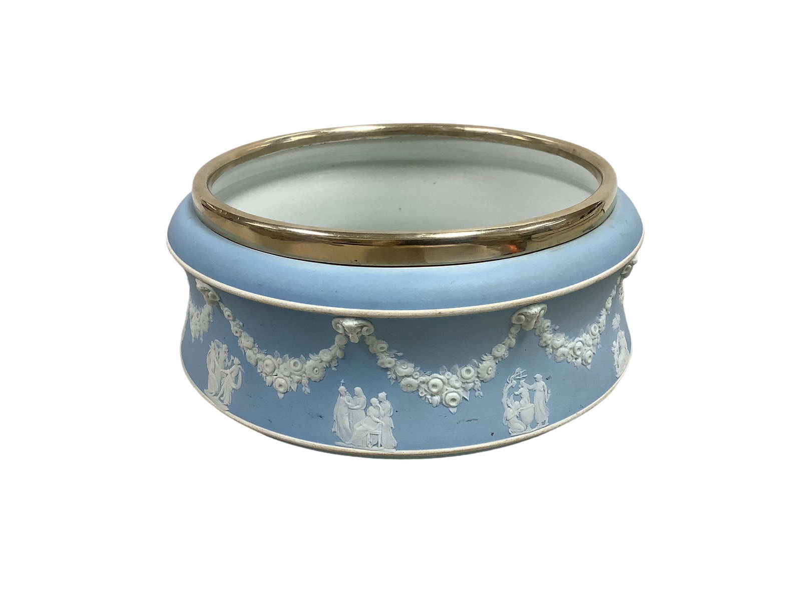 Large Wedgwood blue Jasperware centerpiece bowl that measures 8 3/4” across the top and (1 of 4)