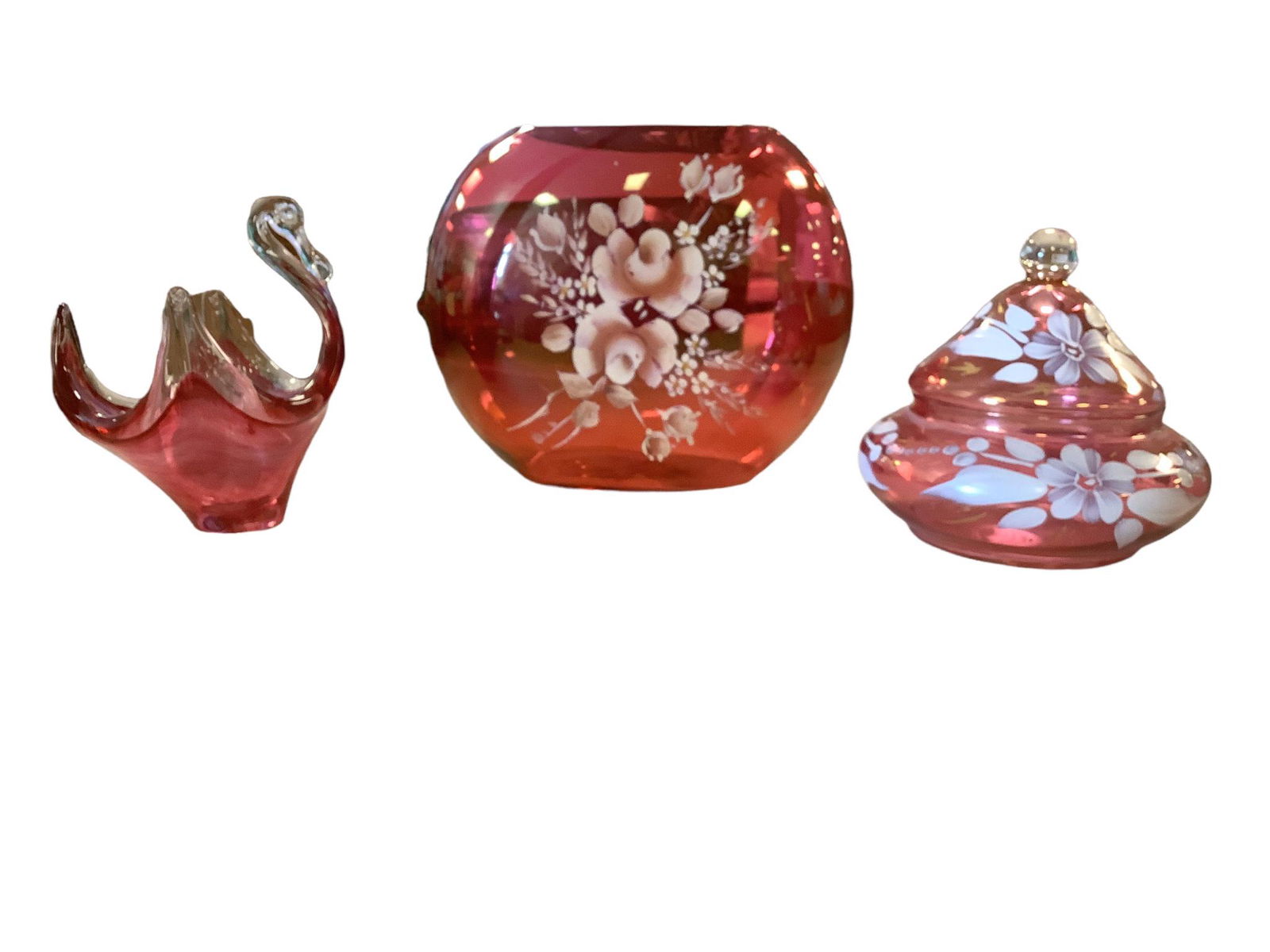 3 cranberry colored glass pieces including 8.5” wide x 7.5” tall hand painted vase (1 of 1)