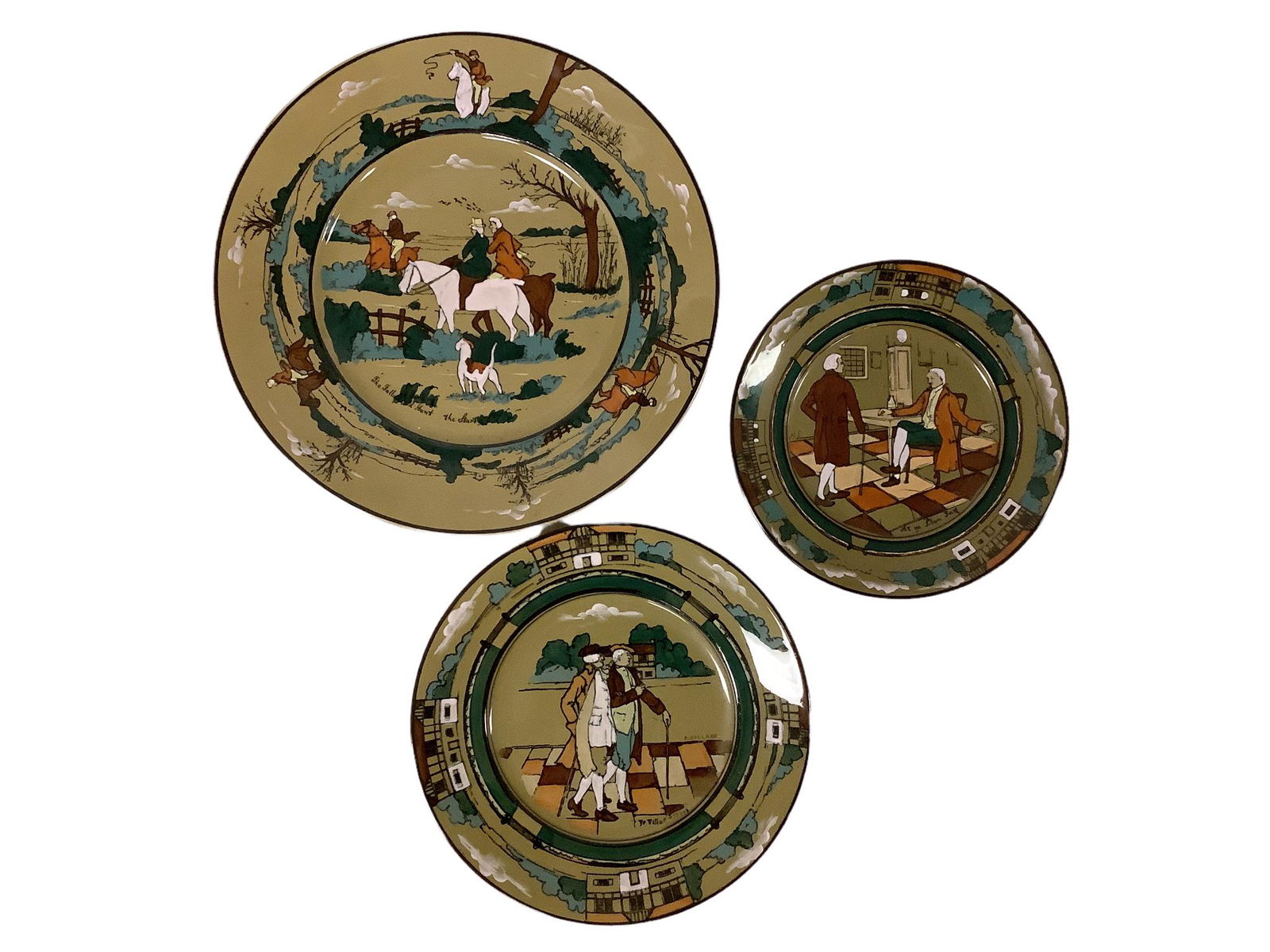 Lot of 3 pieces of antique Deldare Ware Buffalo Pottery including “The Fallow Field Hunt The (1 of 2)