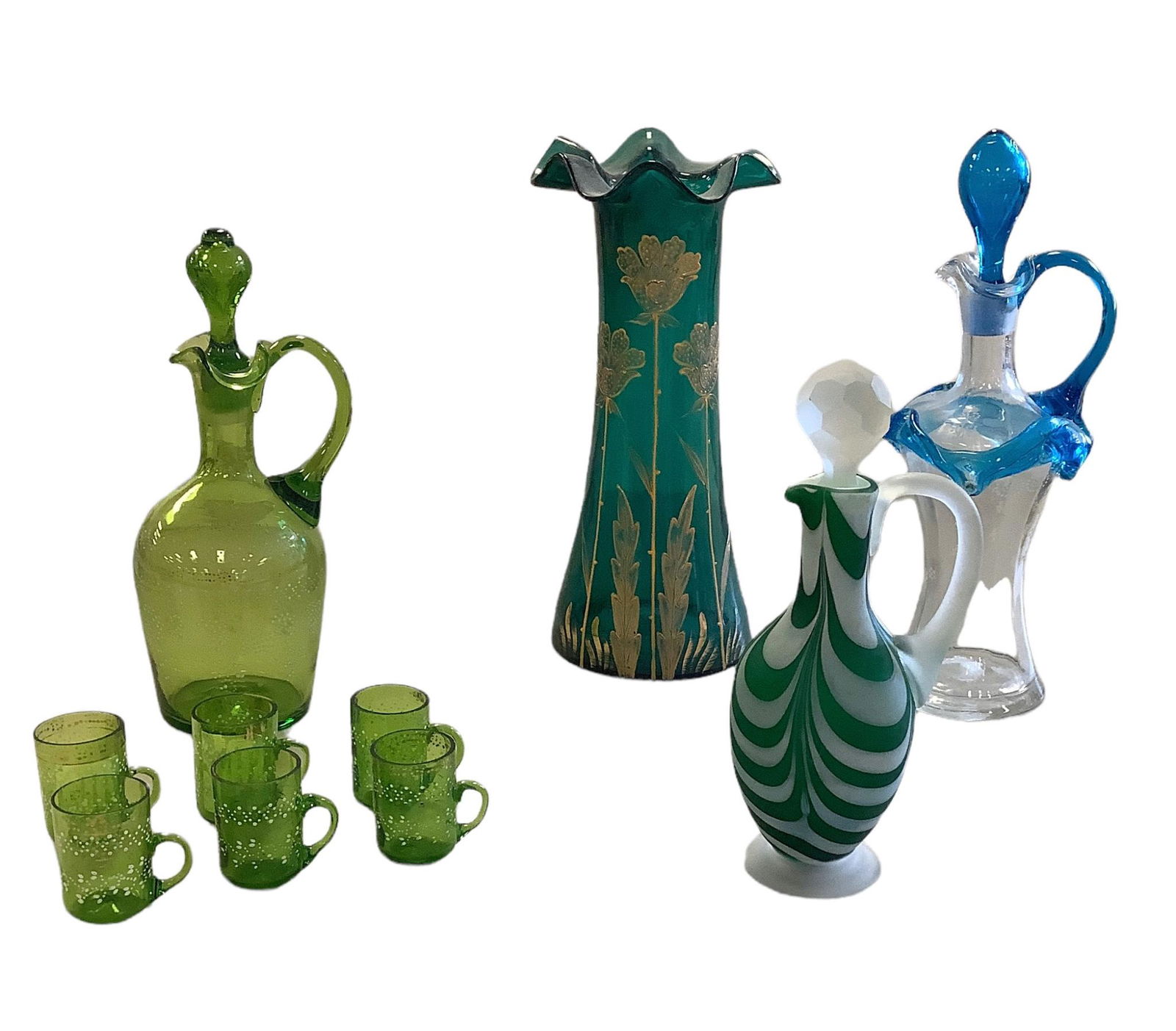 Lot of 10 hand blown vintage decorative glassware. Satin glass green and white pitcher with stopper, (1 of 2)