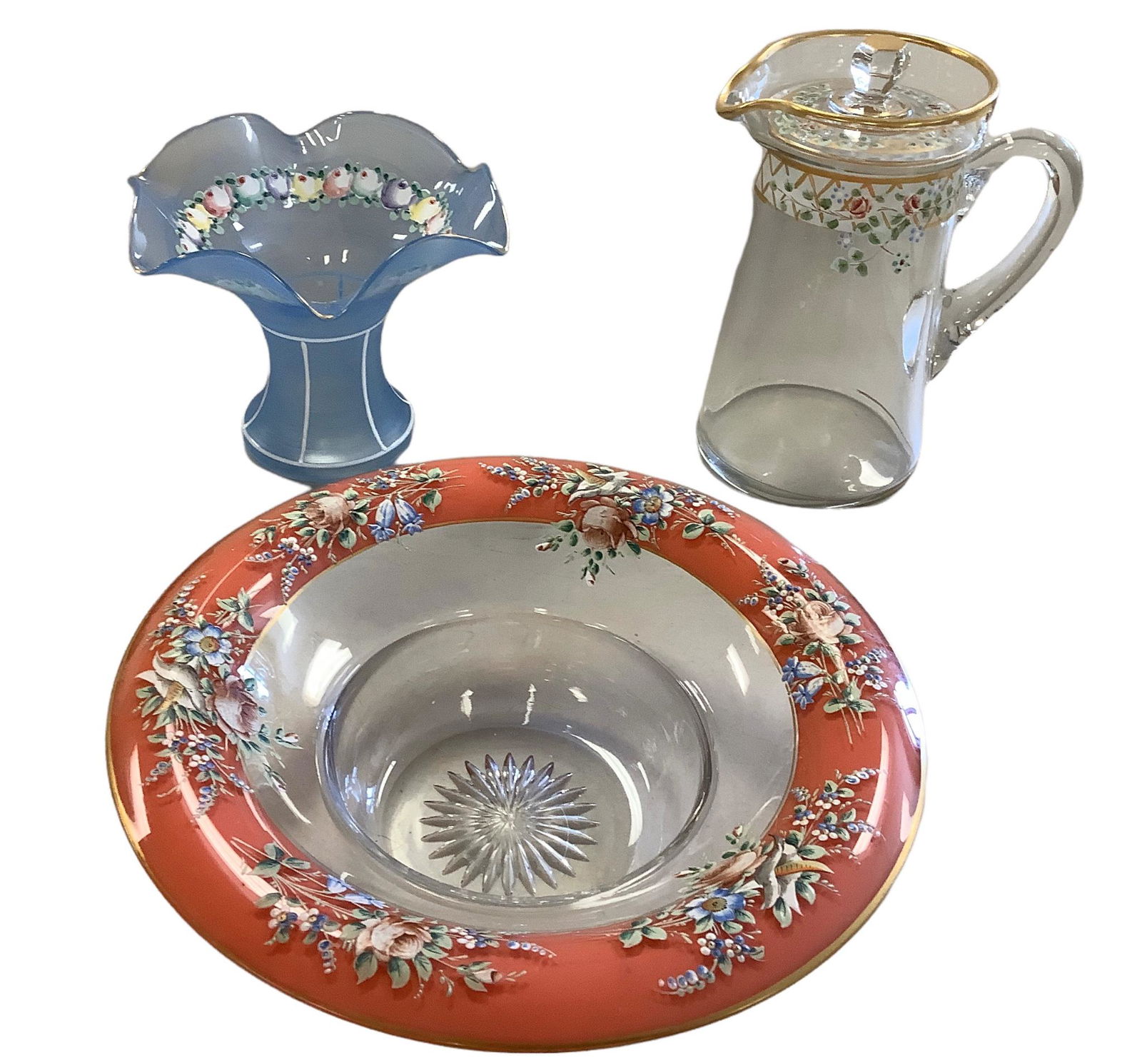 Lot of 3 vintage enameled decorated glassware. Wheeling Decorating Co hand enameled coral bowl from (1 of 1)