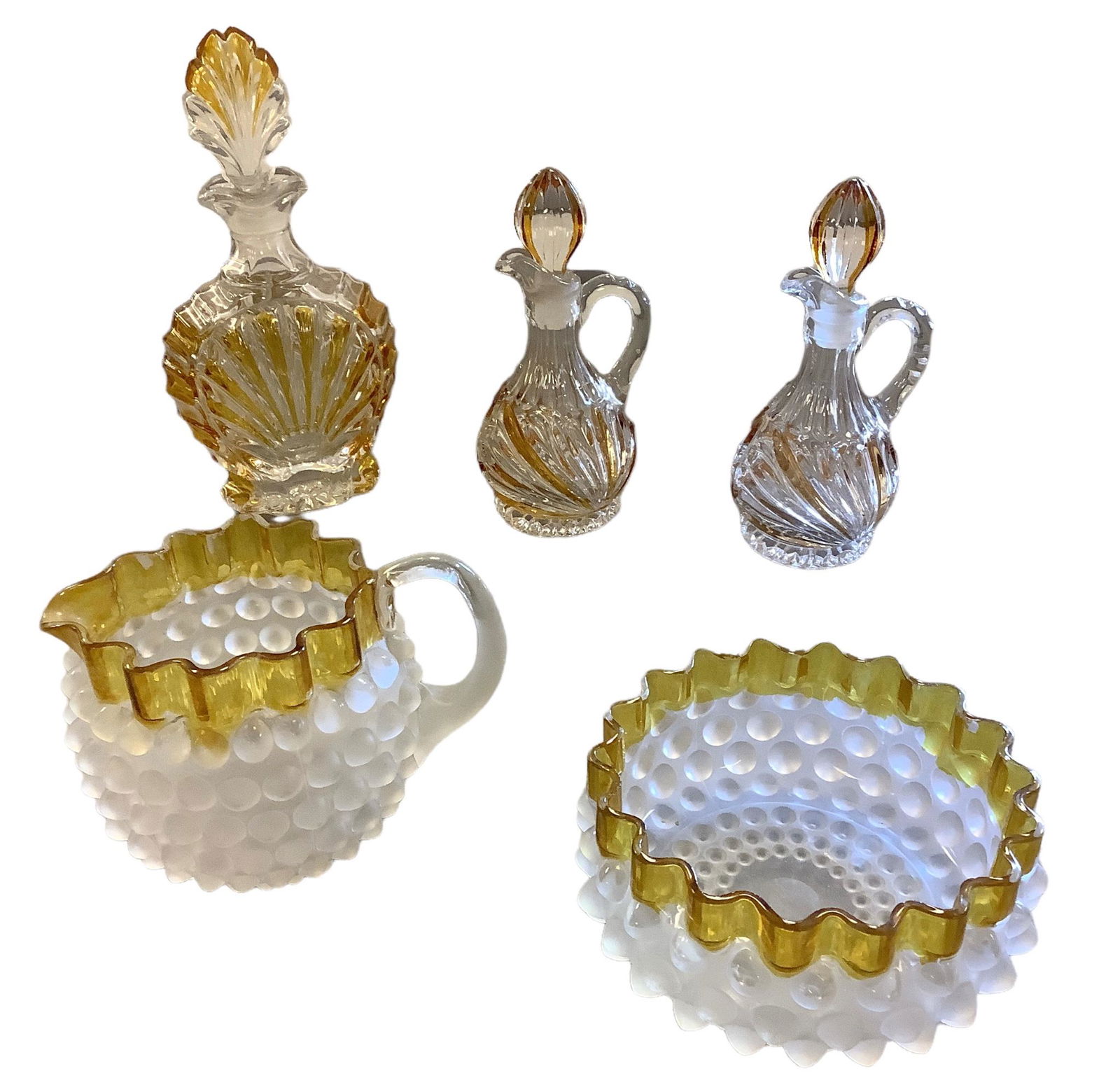 Lot of 5 pieces glassware. Amber glass crystal decanter with stopper (9” tall) and two (1 of 1)