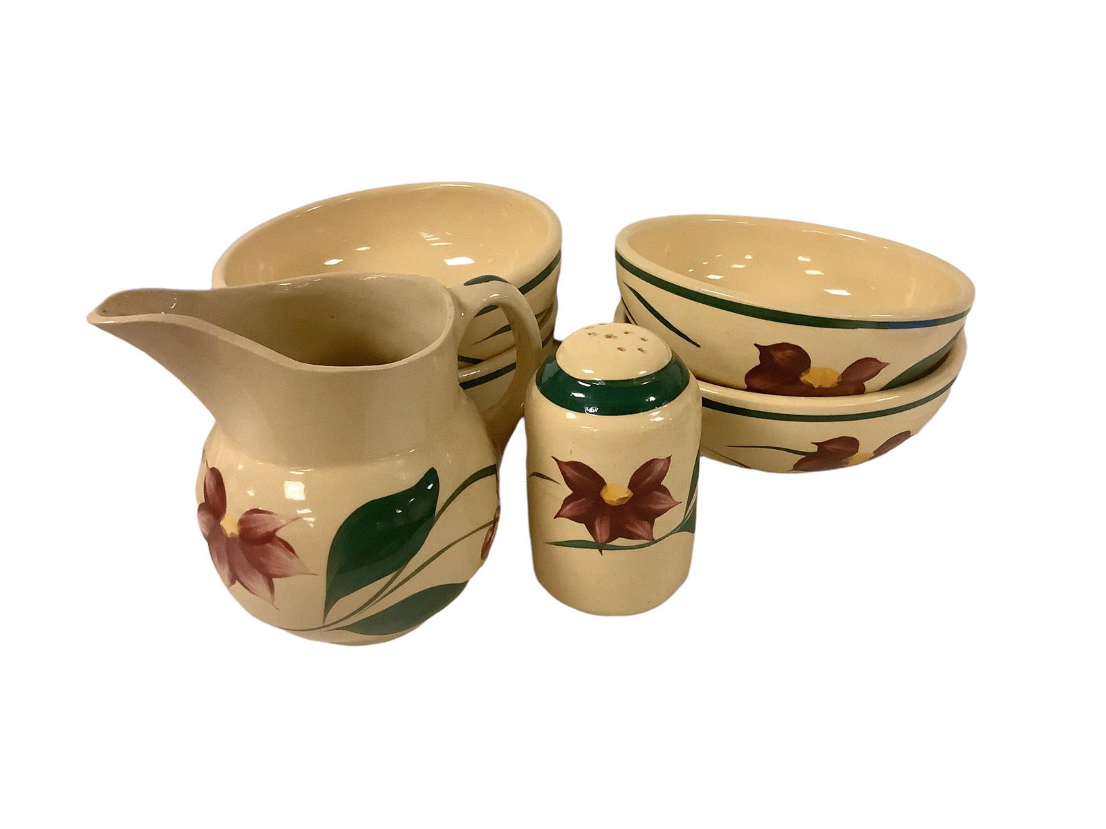 Lot of Watt pottery, 6 pieces including salt shaker 4 bowls and small pitcher. (1 of 1)
