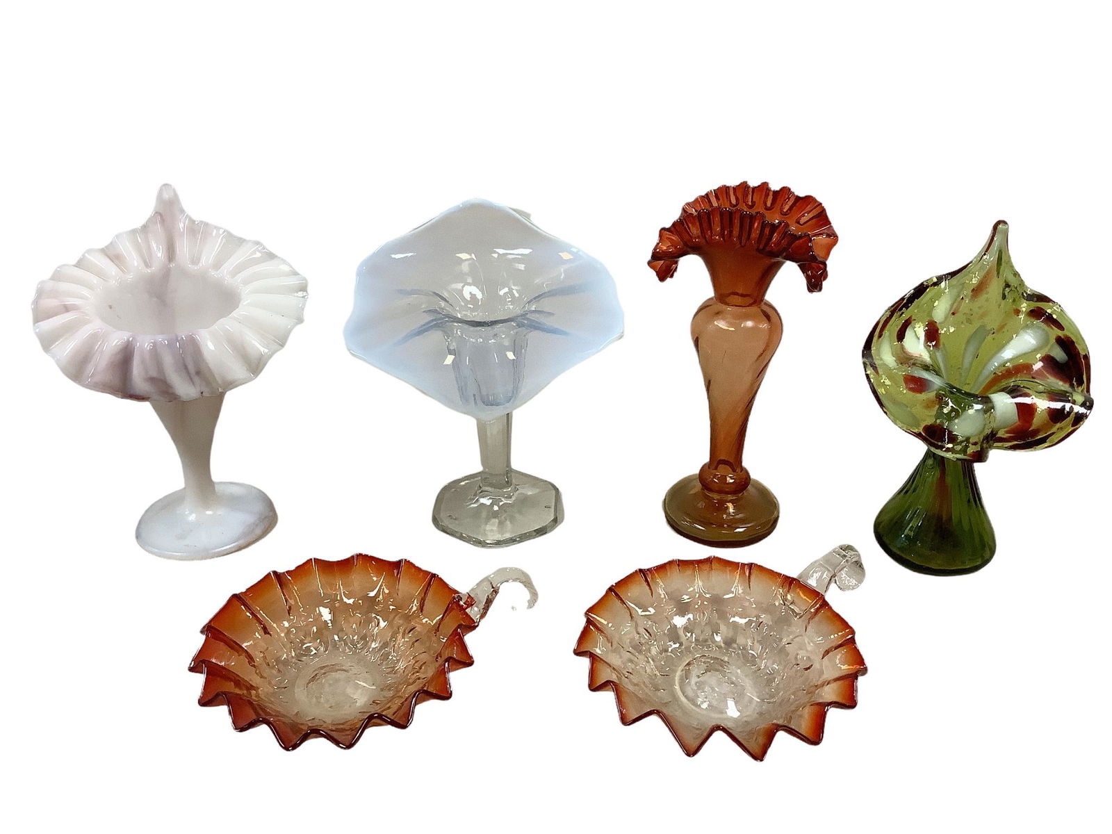 6 decorative glass pieces. 3 Jack in the pulpit vases 1. White & purple swirl with ruffles top 7 (1 of 1)