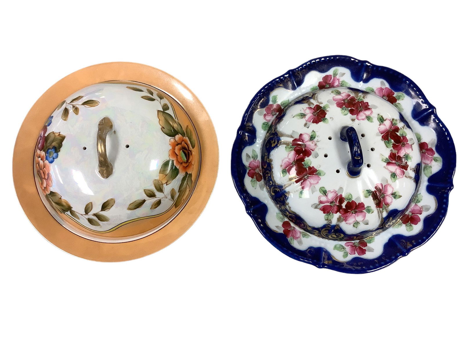 2 vintage porcelain vented servers. Peach and floral with gold trim - plate is 8 3/4” across (1 of 2)