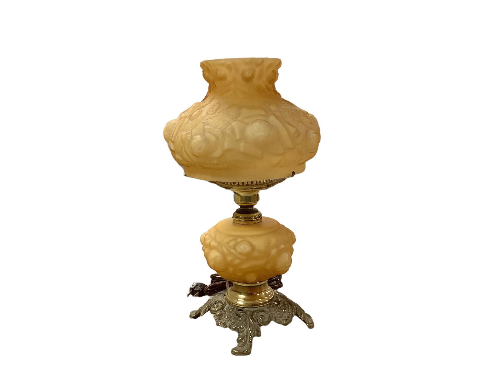 Fenton Art Glass Co. electric lamp, milk glass encased in amber glass, blown in rose pattern molds, (1 of 1)