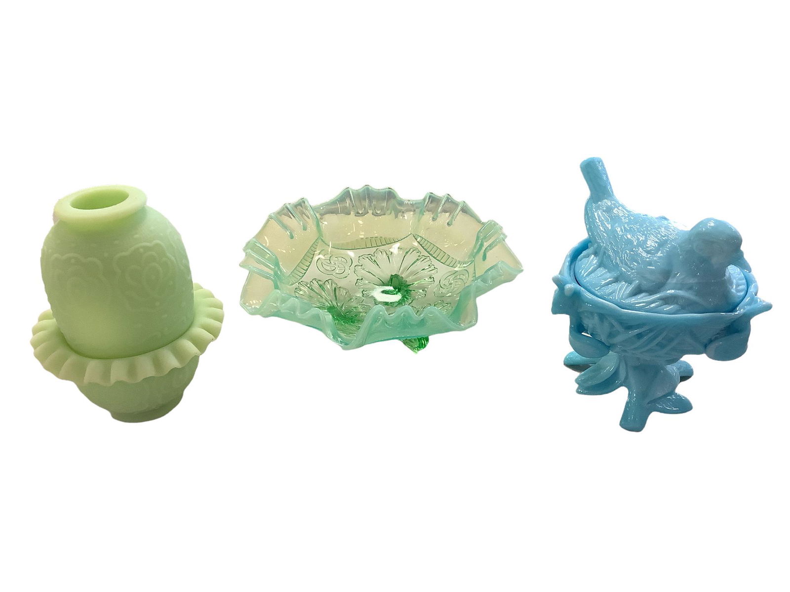 Lot of glassware including a Blue Westmoreland Glass nesting bird, 6”h, a Fenton lime green (1 of 1)