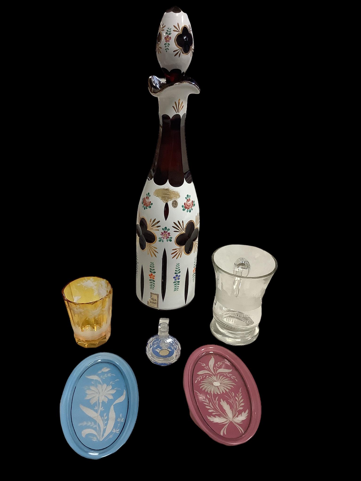6 glass items including lovely decanter with base being cranberry with enameled like overlay, 4 cut (1 of 1)