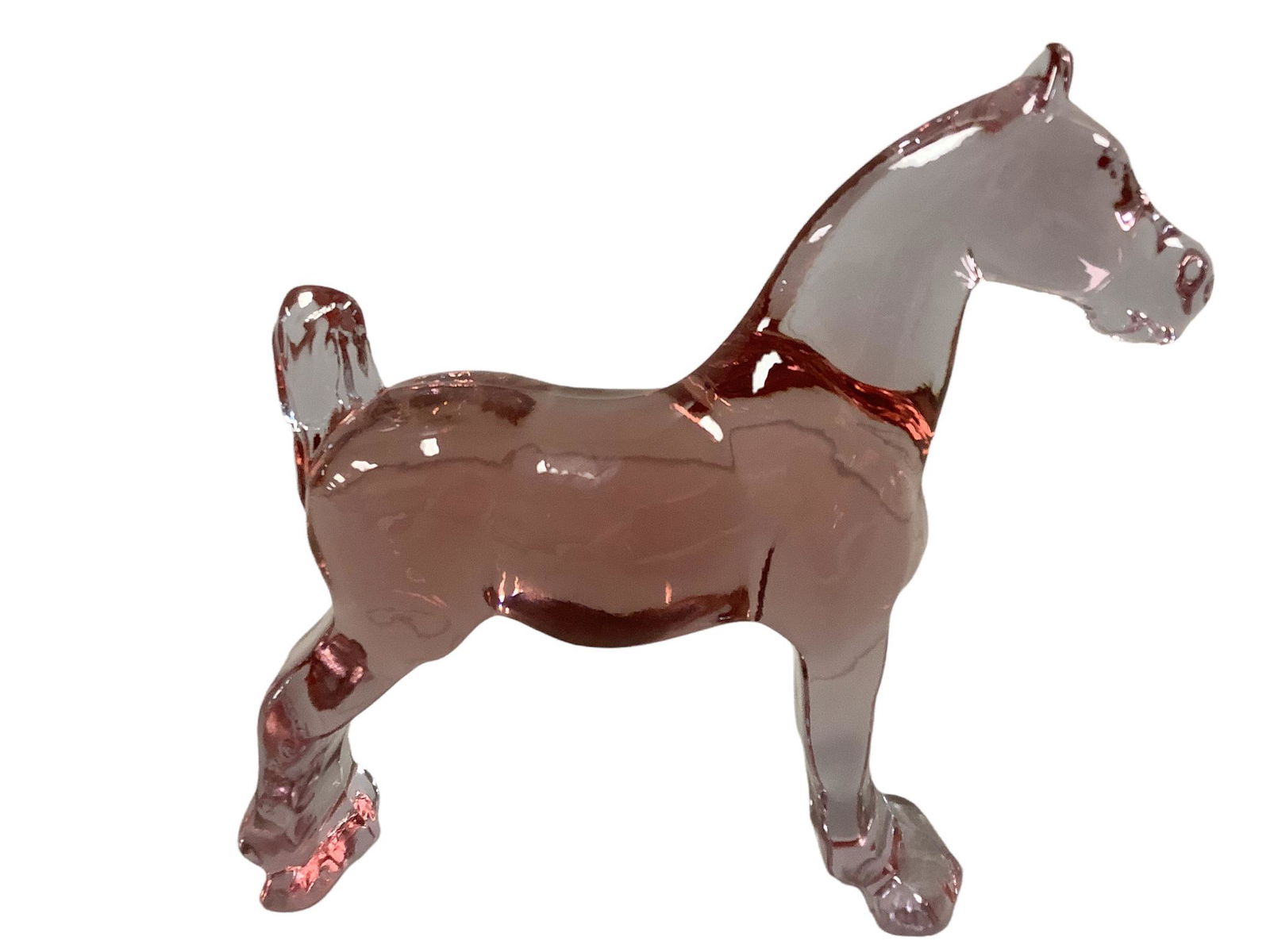 Heisey HCA lavender ice glass show horse 7” tall and marked HCA.: Heisey HCA lavender ice glass show horse 7” tall and marked HCA.