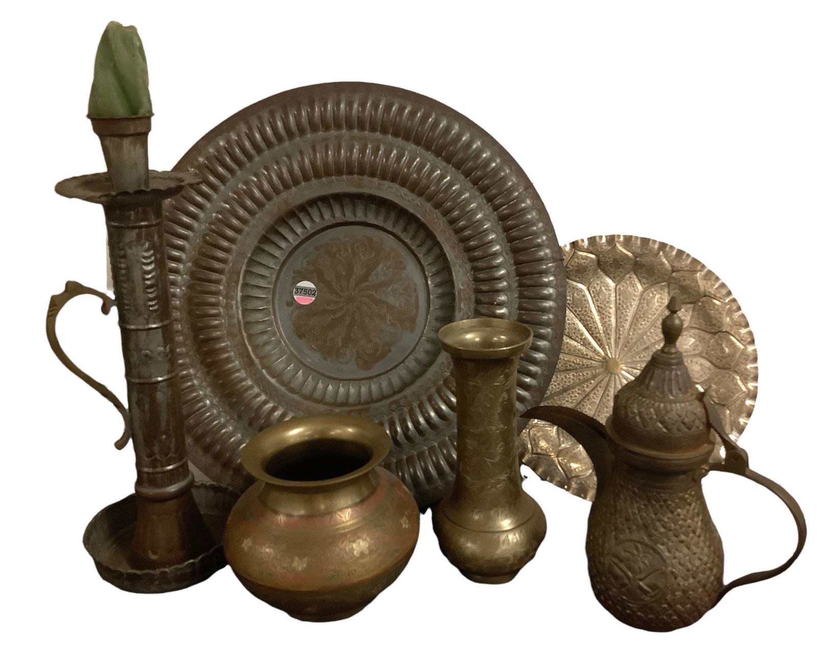 Lot of 6 - includes a large 17 1/2” diameter decorative metal charger/wall hanging, an approx (1 of 2)