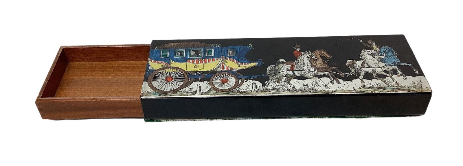 Vintage black enameled metal box with a slide out wooden drawer. Box is possibly made from mahogany (1 of 5)