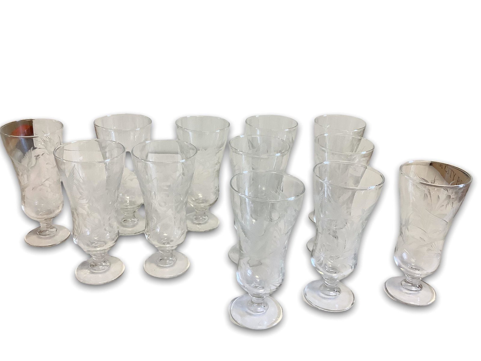 Vintage etched crystal parfait glasses. Count 12. Glasses are 6” tall.: Vintage etched crystal parfait glasses. Count 12. Glasses are 6” tall.