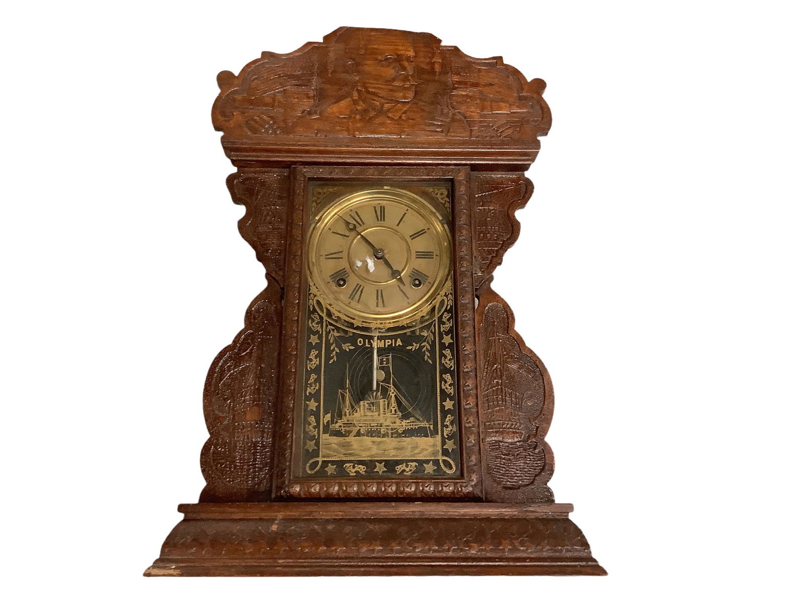 Ingraham gingerbread clock Admiral Dewey Patriotic Olympia etch on glass.15.5”x23.5” (1 of 3)