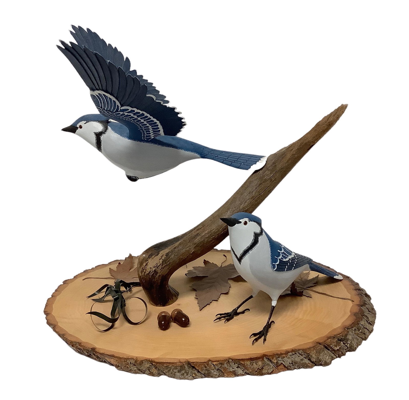 Wooden sculpture of Blue Jays, 13.5” high with 16” base, by Keith Orr 1990: Wooden sculpture of Blue Jays, 13.5” high with 16” base, by Keith Orr 1990