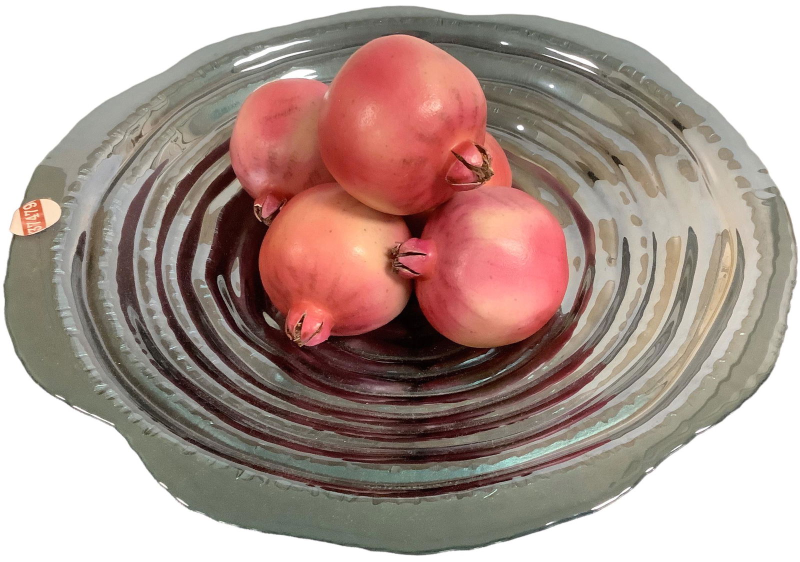 A large 15” wide iridescent blue decorative dish/bowl with 5 plastic pomegranates ready for (1 of 2)