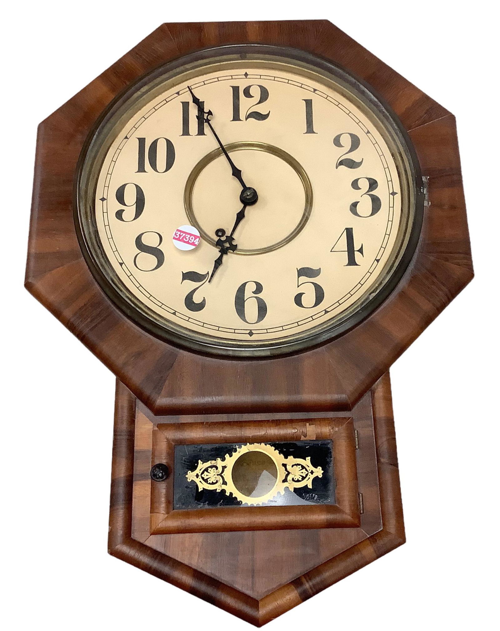 Antique wood octagon eight-day regulator clock by New Haven Clock Co., patented 1871. Movement not: Antique wood octagon eight-day regulator clock by New Haven Clock Co., patented 1871. Movement not tested, some pieces loose inside clock.