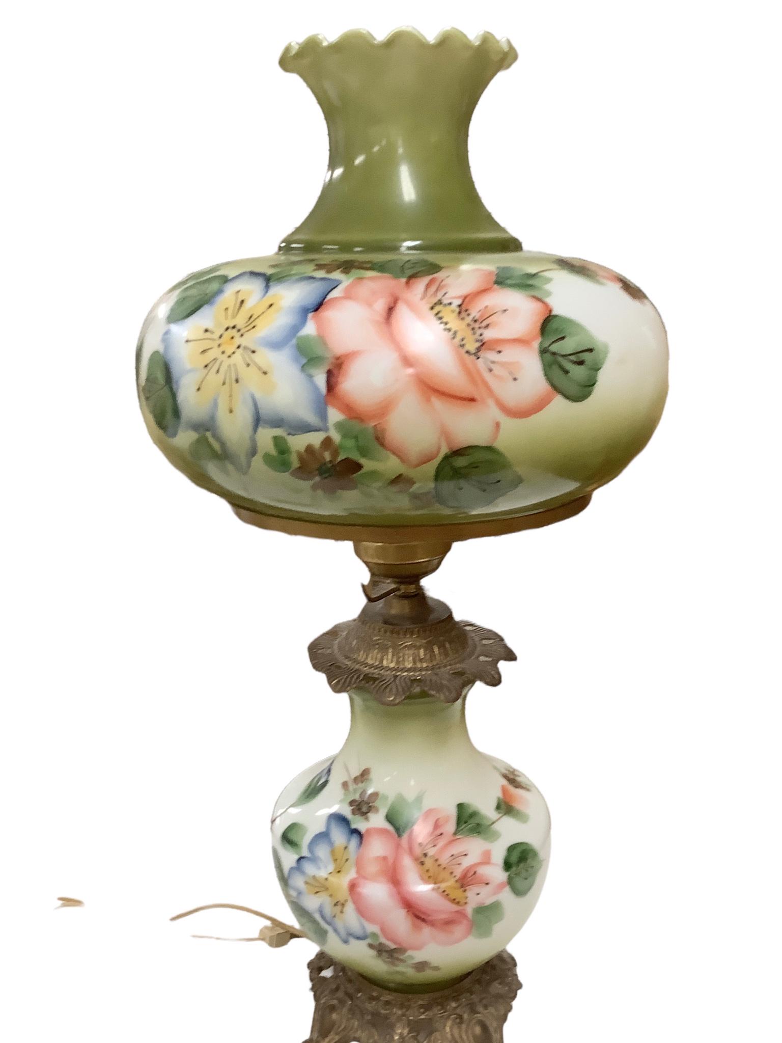 Vintage hurricane lamp large floral painted glass table lamp. 29” tall (1 of 1)