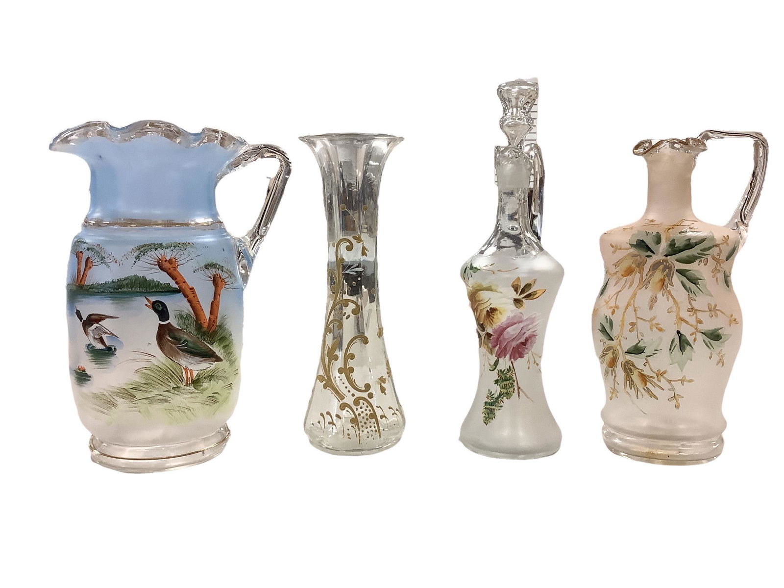 Lot of hand painted glassware including an 11”h pitcher with outdoor scene of ducks in pond, a (1 of 1)