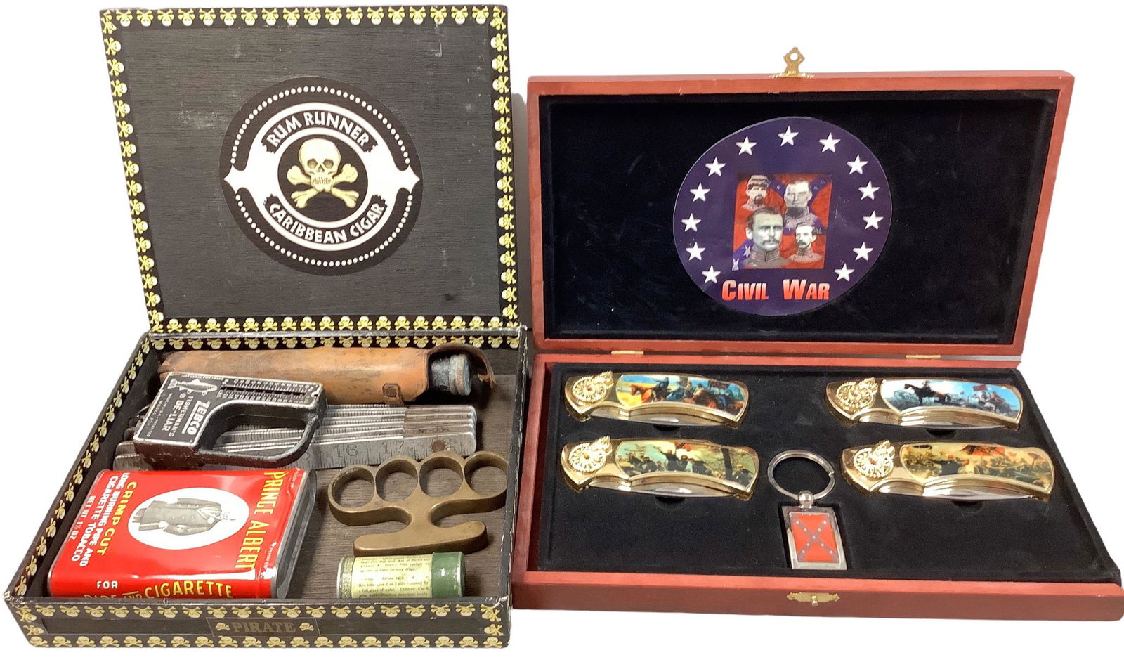 Rum Runner Cigar box filled with brass knuckles, scales called “fisherman’s (1 of 3)