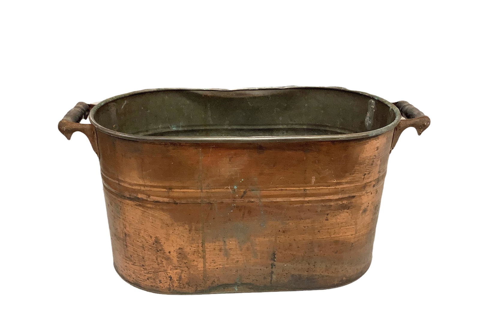 Antique copper boiler.13x27” diameter 12” wooden handles. Small holes in bottom. (1 of 2)