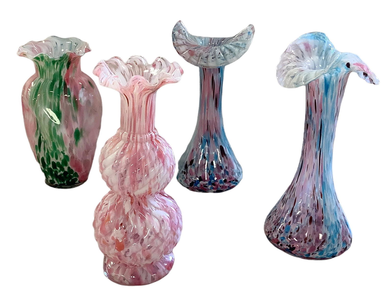 Lot of 4 - End-of-day/spatter glass vases. Matching pair of Jack-in-the-pulpit rose and teal vases (1 of 1)