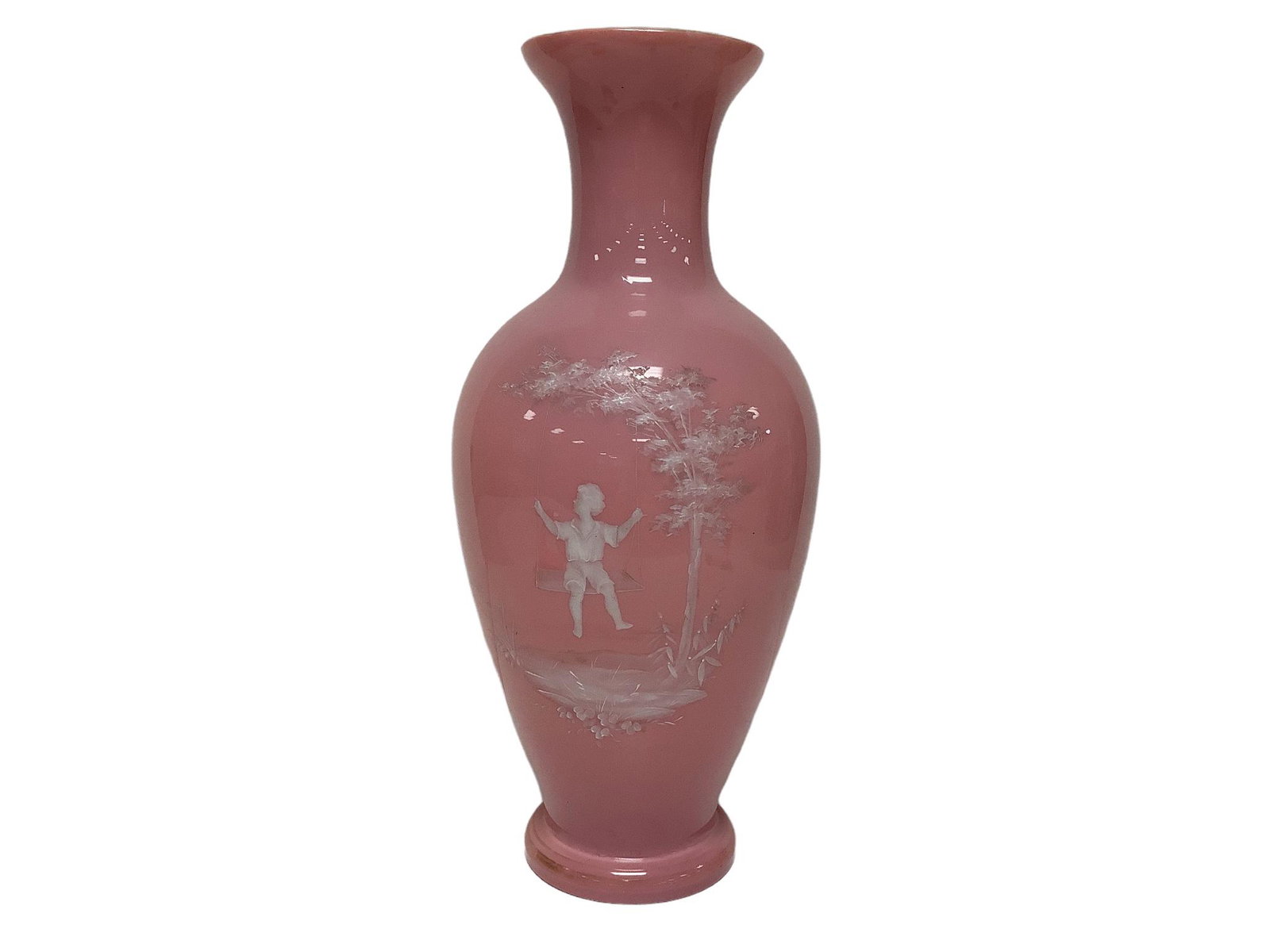 Pink overlay Mary Gregory vase, 14.75"h.: Pink overlay Mary Gregory vase, 14.75"h.
