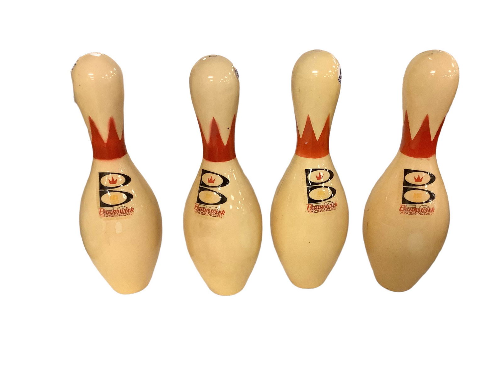 Vintage 4 Burnswick King ABC Bowling pins wood nylon ,yellowed due to age.16" high used.. bottoms (1 of 3)