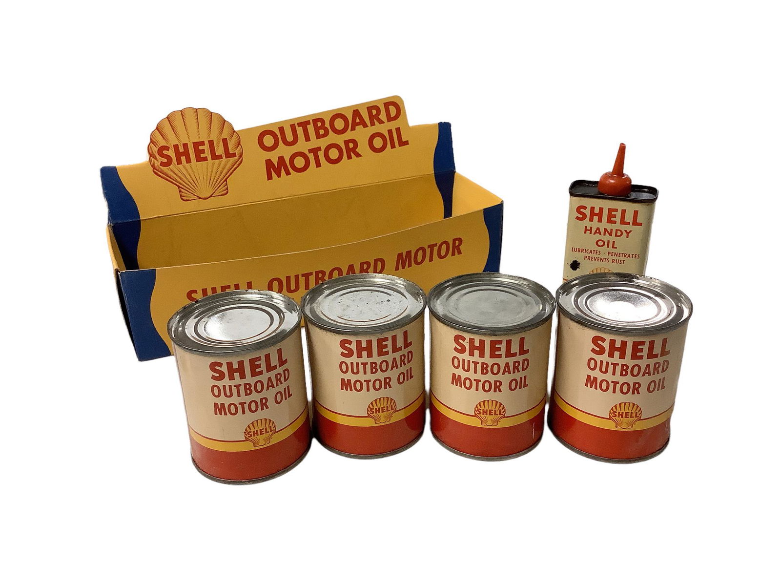 Shell outboard motor oil and handy oil can. Count of 5. (1 of 2)