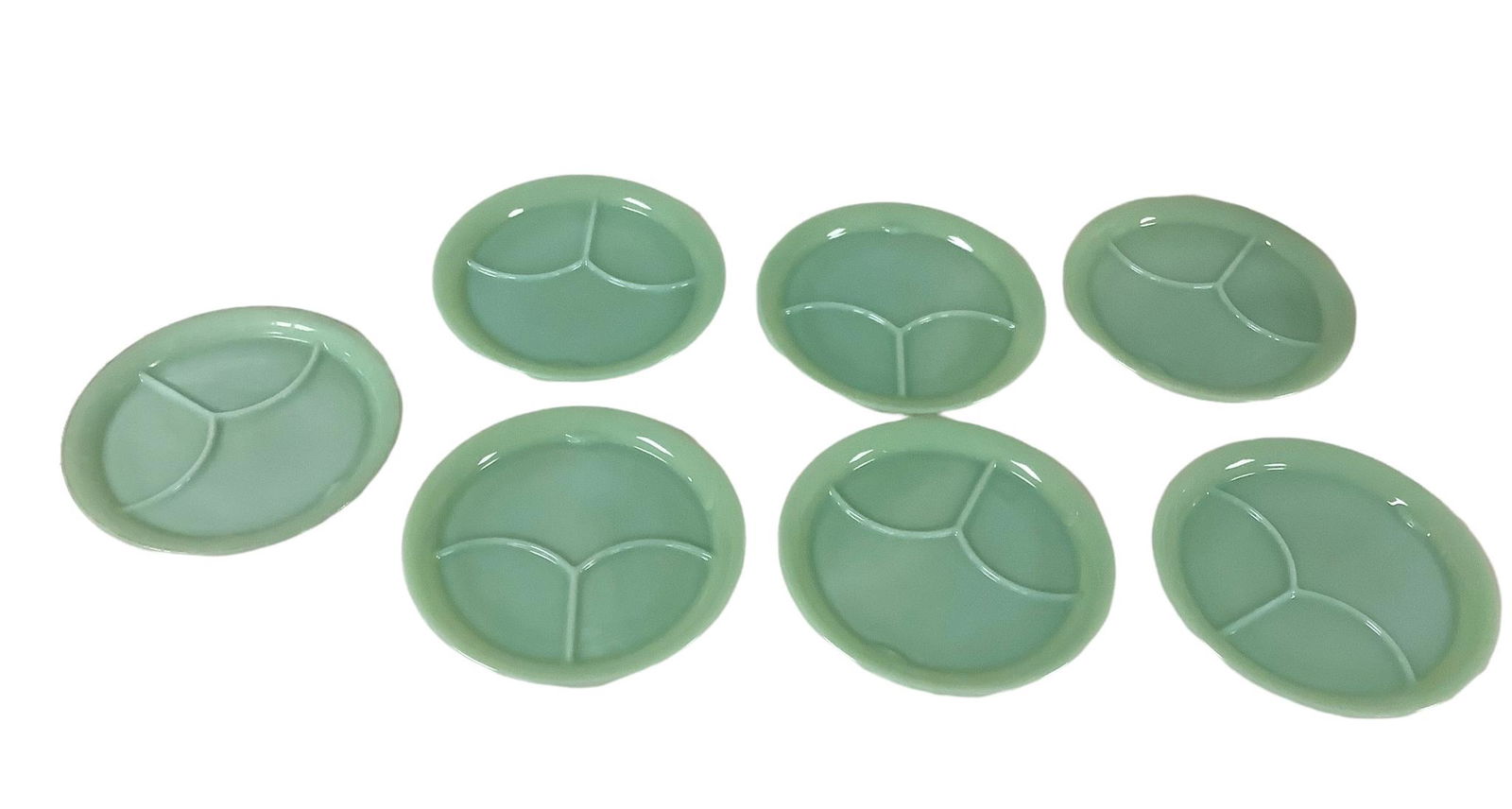 Fire King Jadeite divided plates (6) like new (1) with wear. Count of 7. (1 of 1)