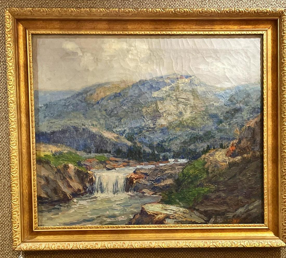 Charles Wm DuVall oil on canvas waterfall in river 36" x 31": Charles Wm DuVall oil on canvas waterfall in river 36" x 31"