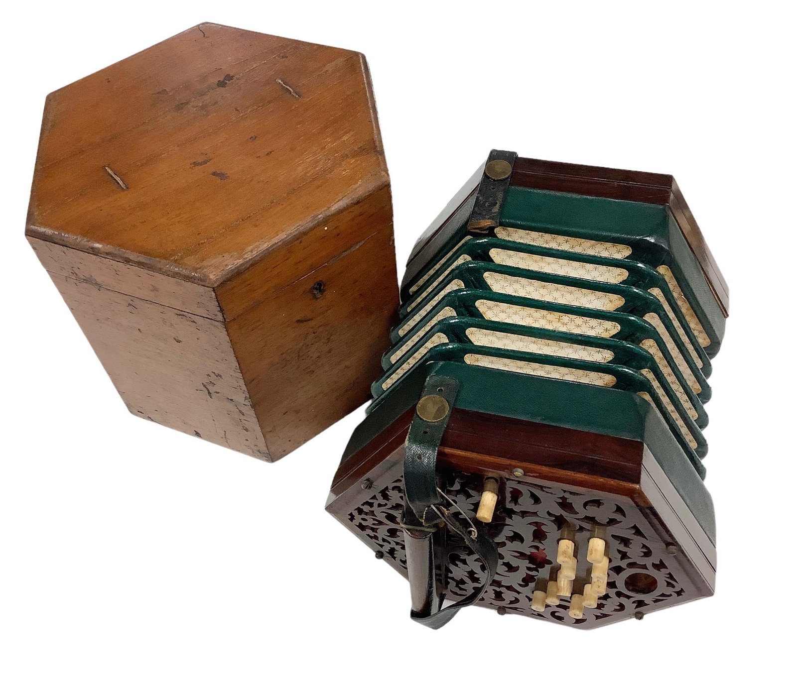 Jones & Son of London Concertina. 20 key Concertina with wooden case. Number 13252. Both leather: Jones & Son of London Concertina. 20 key Concertina with wooden case. Number 13252. Both leather straps in need of repair as shown.