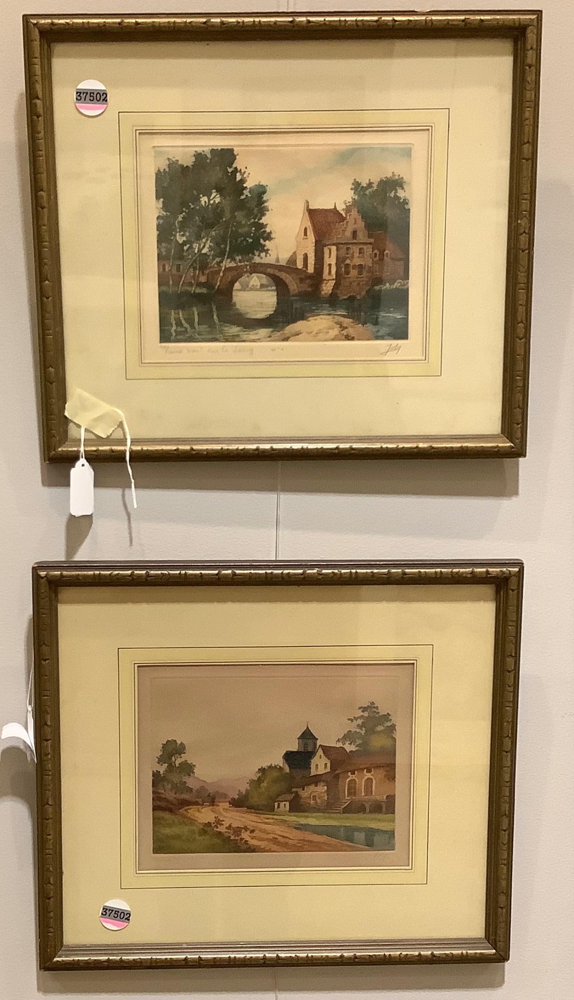 2 small etchings or lithos, matching frames. 13" x 15" overall (1 of 3)