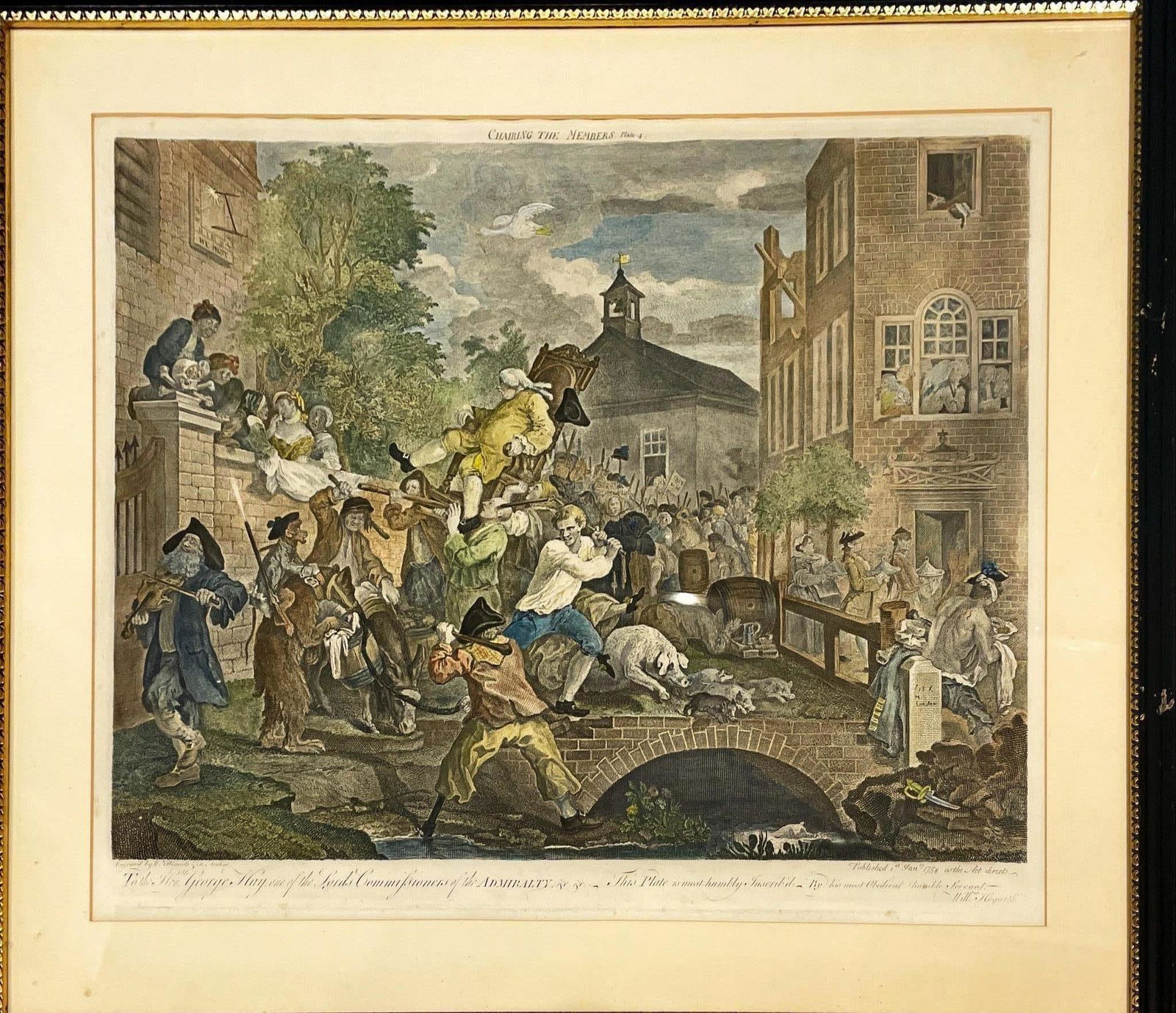 Early hand colored print, 28" x 24". "Chairing the Members, Plate 4" (1 of 1)