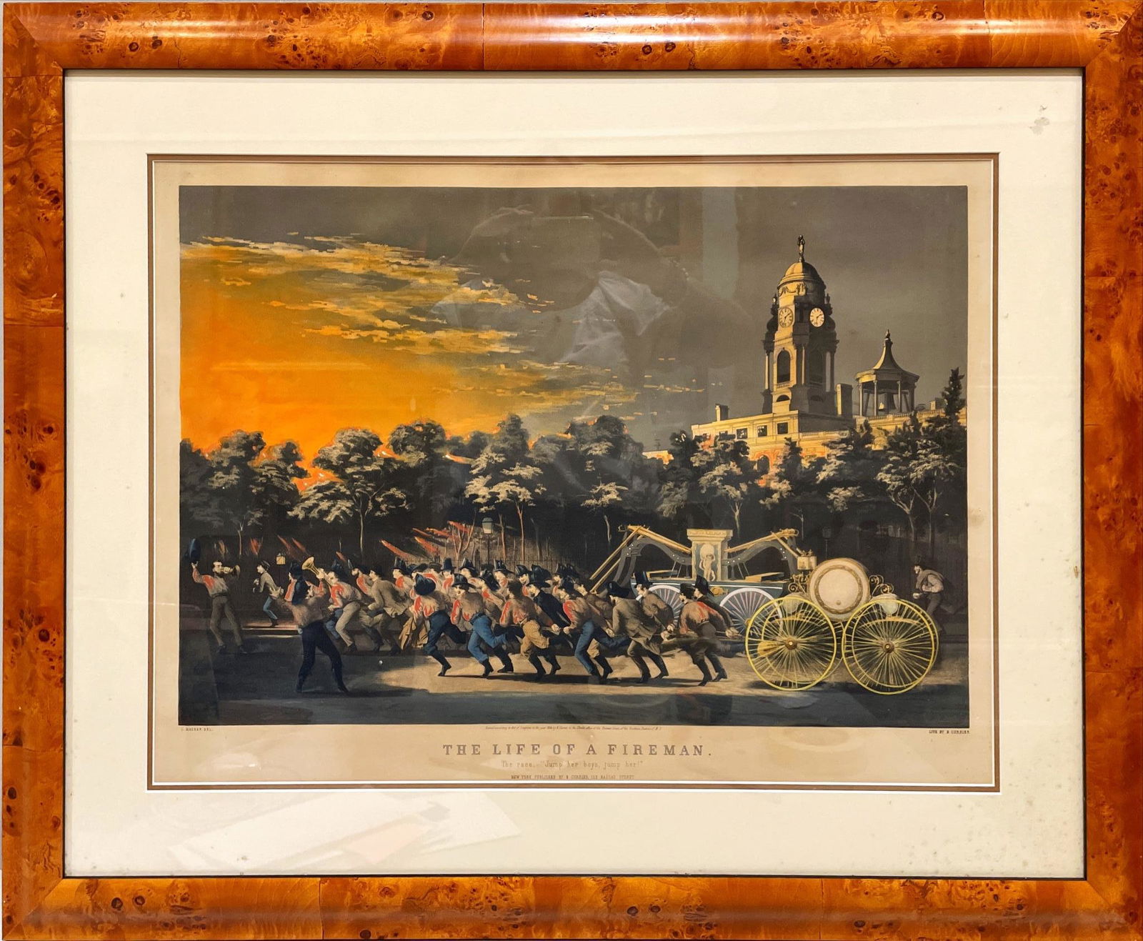 N. Currier "The Life of a Fireman" hand colored print. 37" x 29.5" overall. Large folio size (1 of 2)